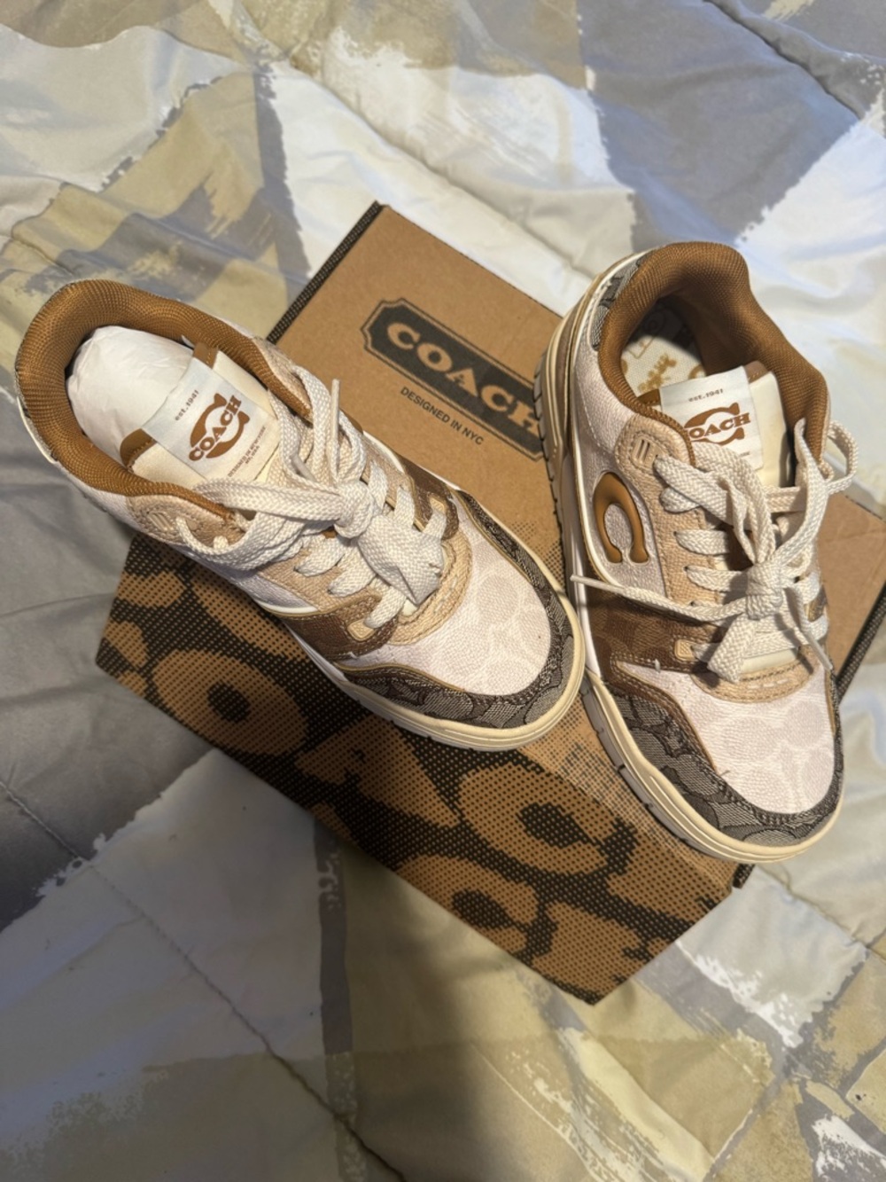 Coach Mixed-Material Low-Top Sneakers in Cream, Brown & Gold - Picture 3 of 4